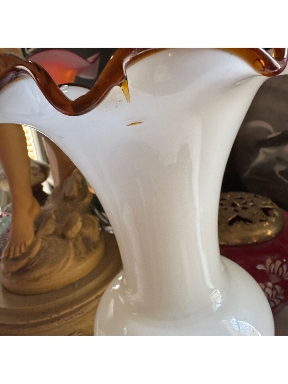 Vintage Empoli Style White & Caramel Glass Ruffle Edge Vase - Picture 3 of 5